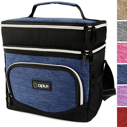 OPUX Insulated Dual Compartment Lunch Bag, Double Deck Lunch Box for Men Women Kids| Soft Leakproof Lunch Tote Cooler for Work Office School | Medium Reusable Lunch Pail, Fits 8 Cans (Heather Navy)