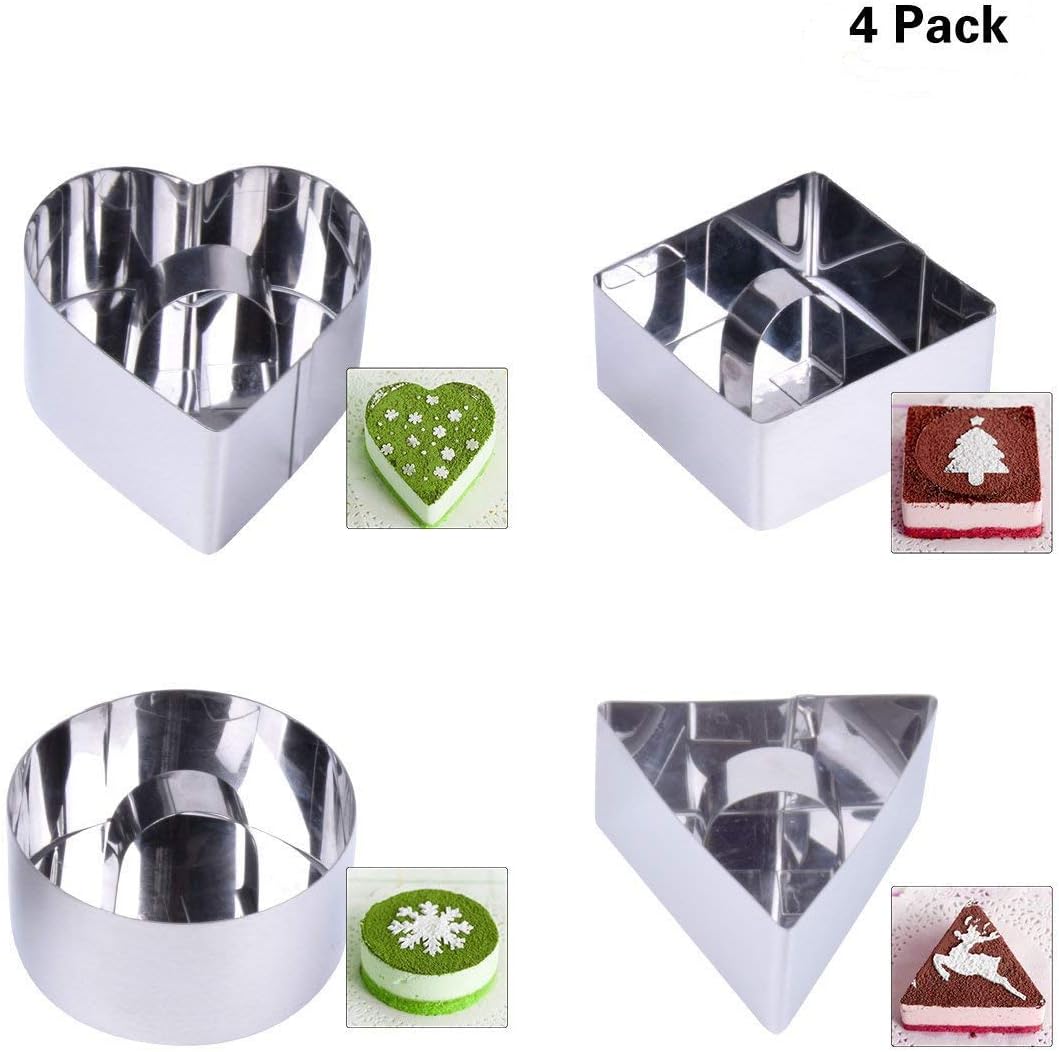 Hotgod 4Pcs（Heart,Circlce,Square and Triangle Shape) Mousse Rings Stainless Steel Cake Set,Mold 8 * 4CM with Pusher