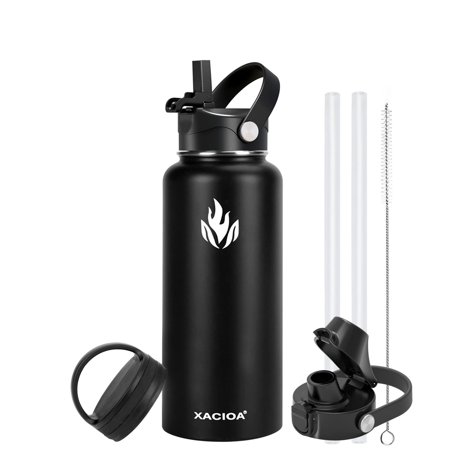 XACIOA Water Bottle Vacuum Insulated 32oz 1l with Straw Lid,Stainless Steel Drink Flask with Flip Top Bottle Lid,Metal Wide Mouth Double Walled Leak Proof Keeps Hot and Cold
