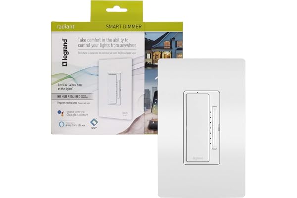 Legrand - Pass & Seymour Radiant Smart Light Switch, White Smart Dimmer with Wifi Light Switch, No Hub Required, Requires Neutral Wire, WWRL50WHCCV2, 1 Count