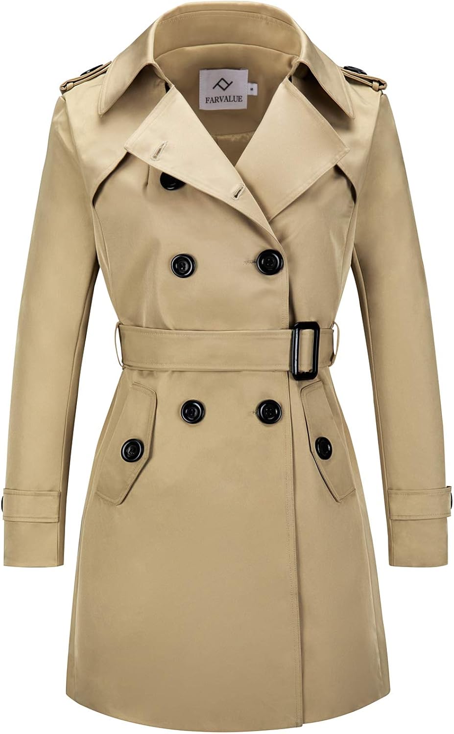 FARVALUE Women's Double Breasted Trench Coat Water Resistant Classic Belted Lapel Overcoat: Clothing