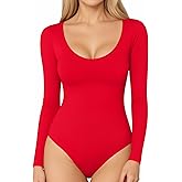 MANGOPOP Long Sleeve Bodysuits for Women Scoop Neck Ribbed Body Suit Stretchy Basic T Shirt Tops, red, XX-Large