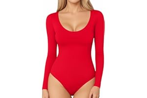 MANGOPOP Long Short Sleeve Bodysuits for Women Scoop Neck Ribbed Body Suit Stretchy Basic T Shirt Tops