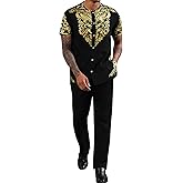 ZSJR Mens African 2 Piece Set Nigerian Dashiki Metallic Short Sleeve Suit Gold Stamp Printed Shirt and Pants Outfit