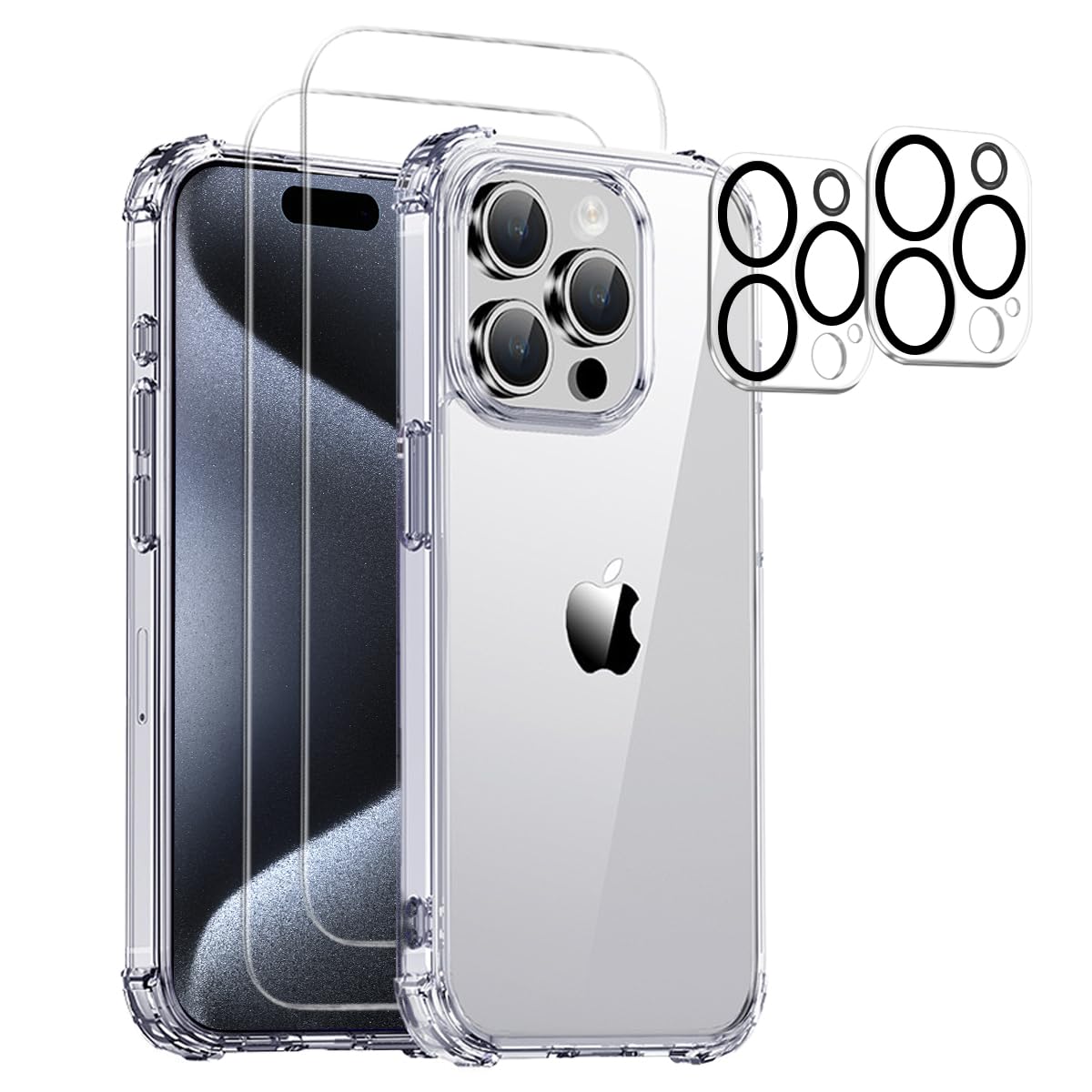 MASETECH for iPhone 15 Pro Max Case Clear - 5 in 1 Camera Lens | Glass Screen Protector for 15 Promax | Not Yellowing