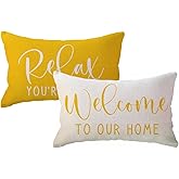 ULOVE LOVE YOURSELF Home Relax Lumbar Throw Pillow Covers Farmhouse Rustic Welcome Decorative Rectangular/Waist Pillowcases 12 x 20 Inch,2Pack Front Porch Decor Cushion Covers (Yellow)