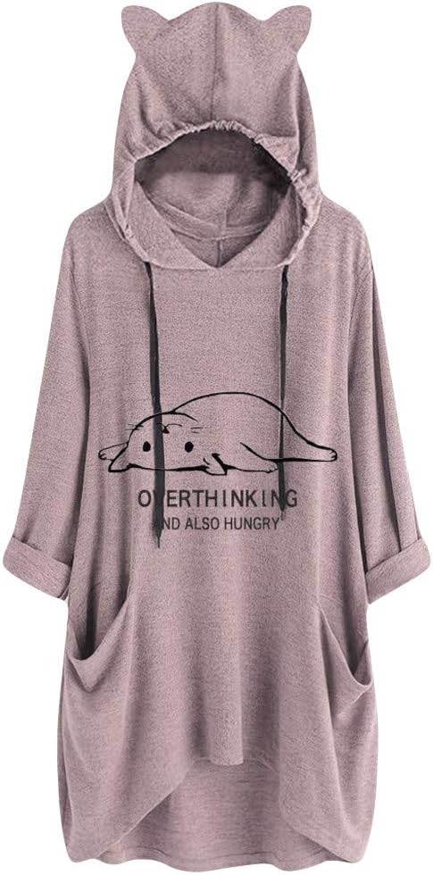 Tops for Women Plus Size Hoodies Sweatshirt Jumper Pullover Long Sleeve 2021 New Selling Casual Cat Print Hooded Tunic Top Blouses
