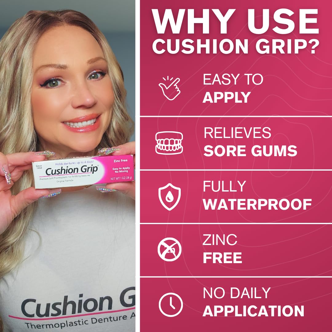 Cushion Grip Thermoplastic Denture Adhesive, 1 oz – Refits & Tightens Loose Dentures for Up to 4 Days, Long-Lasting Glue-Free Formula