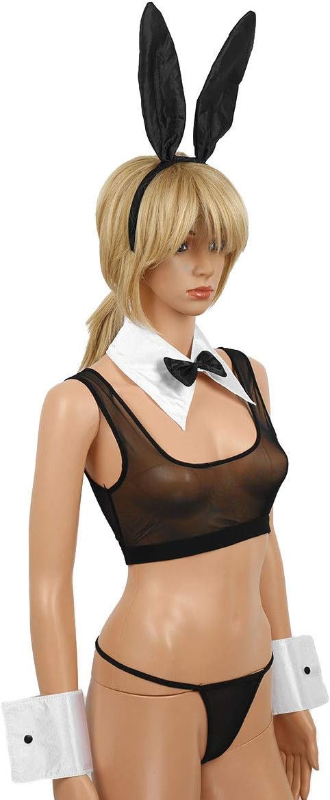 Freebily Women Bunny Cosplay Costume Outfit Rabbit Ears Headband Collar Bowtie Cuffs Set for Halloween Bachelorette Parties Black & White One Size - Image 4