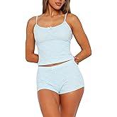 Villagepageme Women Lace Pajamas Set Backless Crop Top Camisole and Low Rise Shorts 2 Piece Lounge Sets Sleepwear
