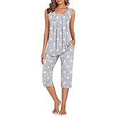 TAOHUADAO Women's Pajamas Set with Pockets, Lounge Capri Pants with Sleeveless Top, Ladies Sleepwear Plus Size Pjs Set