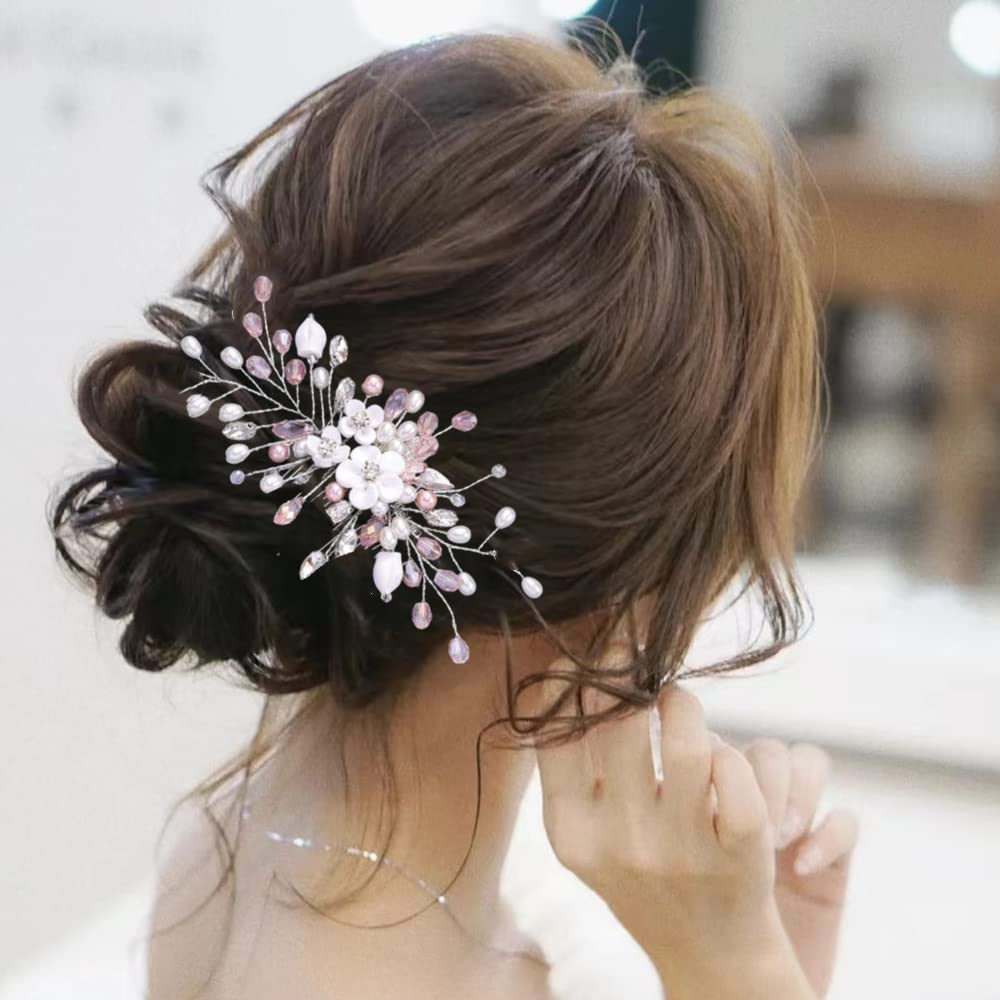 ISLHJDD Flower Bridal Wedding Flower Hair Combs Pearl Bridal Headpiece Wedding Hair Accessory Decorative Wedding Hair Comb Hair Accessories for Brides Girls (Pink A)