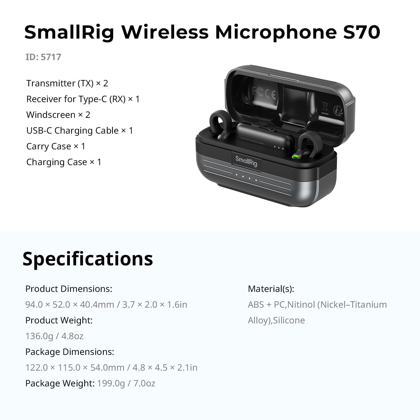 SMALLRIG S70-C2 Drahtloses Mikrofon (2 Sender + 1 Empfänger + Ladeschale) mit USB-C-Adapter für Smartphones/Tablets/Action-Kameras, 48kHz/24bit, 48 Std. Nutzung, Unsichtbares, Vlog geeignet - 5717 9