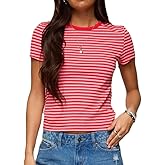 Women Striped Baby Tees Short Sleeve Slim Fit Shirt Vintage Crew Neck Crop Tops Y2k Going Out Top Streetwear