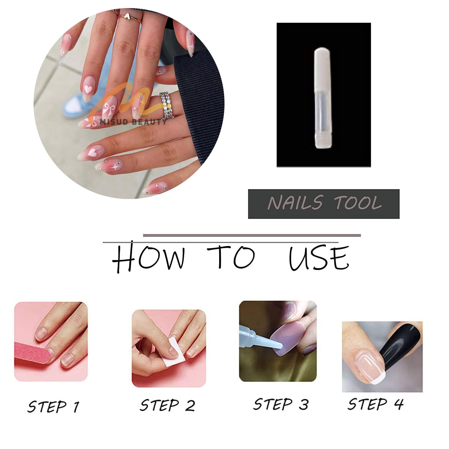 MISUD Press-on Nails, 24pcs Medium Almond, Glossy Glue on Nails, Pink Ombre Aura, Star Artificial Nails with Design ABS Material, Fashion, Full Well Tips, Artificial Nails - Image 4