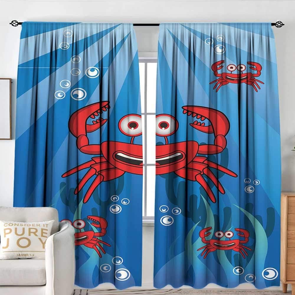 NUOMANAN Rod Pocket Curtains Crabs,A Group of Funny Crab Underwater with Smiling Happy Faces Bubbles Coral and Sun Rays,Blue Red,Insulating Room Darkening Blackout Drapes for Bedroom 60"x84"