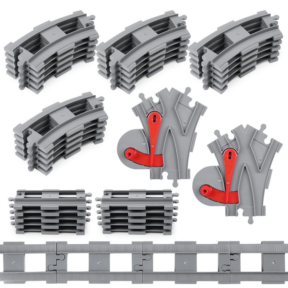 HOTUT 32 PCS City Train Tracks, City Railway Rail Set, Toy Train Track Extension Pack, Toy Railway Railsfor Train with All Major Brand - 10 Straights, 2 Change Track, 20 Curved Rails