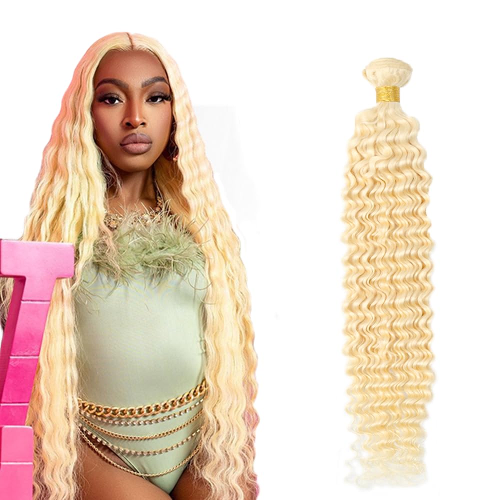 Photo 1 of Blonde Bundles Human Hair 613 Deep Wave Bundles 24 Inch 8A Brazilian Virgin Remy 1 Bundle Blonde Wet and Wavy Bundles Hair Extensions 100g