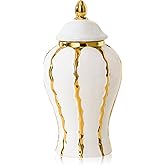 Ginger Jar, White and Gold Ginger Jar with Lid Ceramic Flower Vase for Home Decor, Storage jar, Table Center Vase Temple Jar, Decorative Centerpiece for Home, Living Room(12in