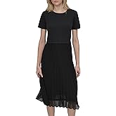 DKNY Women's Short Sleeve Jewel Neck Pleated Skirt Keyhole Midi Dress