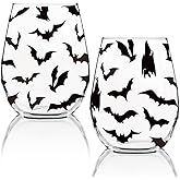 Whaline Halloween Wine Glasses Set of 2 Bat Stemless Wine Glasses 15 Oz Halloween Party Drinking Glasses for Trick or Treat Birthday Party