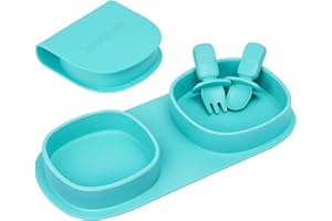 yahaa Toddler Plates Travel Essential on the go,Baby Plates with Forks and Spoons Self Feeding 6 months,Foldable,Silicone,BPA Free,Aqua