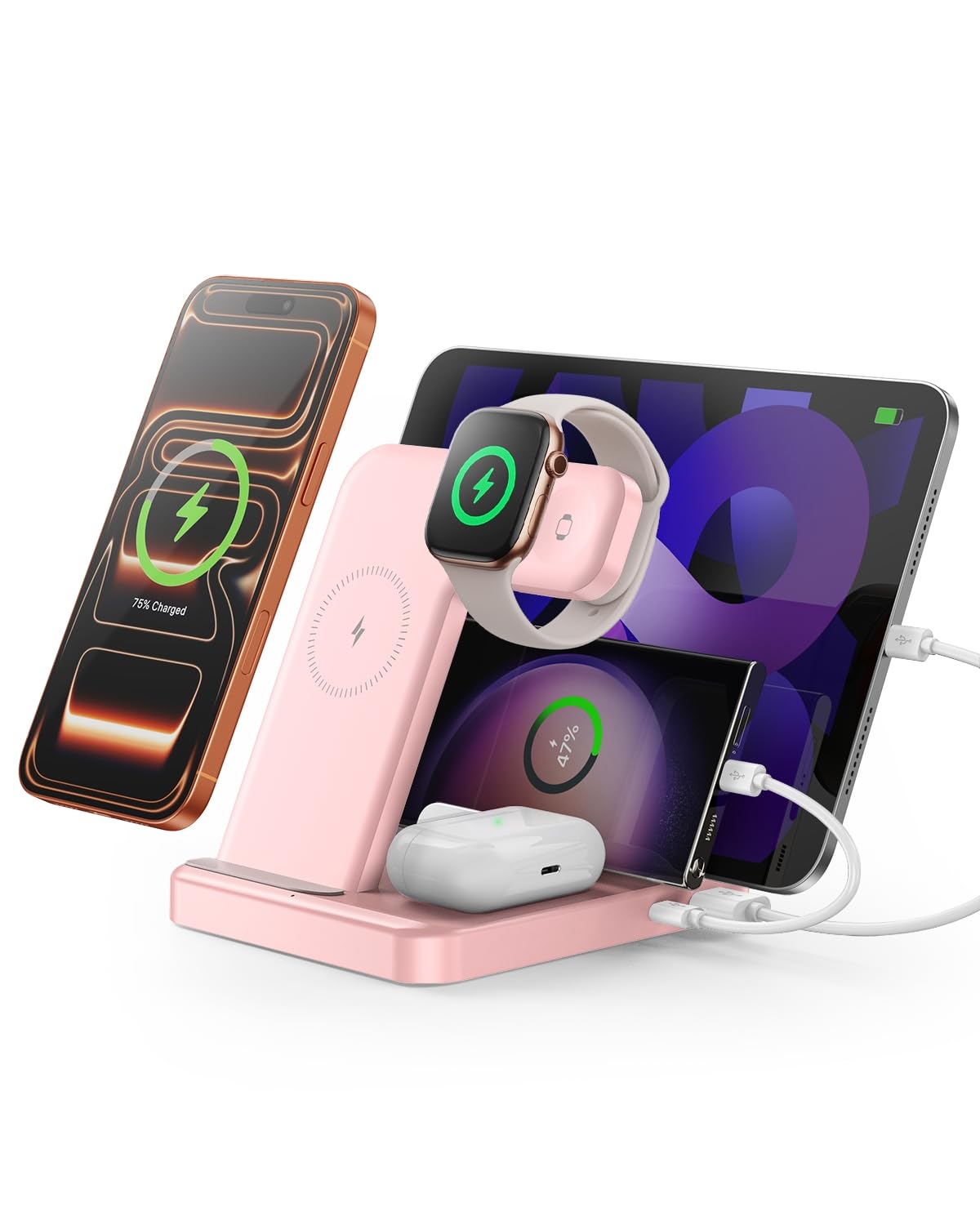 Intoval 5-in-1 Charging Station, for iPhones 17/17 Pro/17 Pro Max and Androids, iPad Pro/Air/Mini, Apple Watch 11/Ultra 3/Ultra 2/Ultra/10/9/8/7/SE, Wireless Charging Dock for Multiple Devices (Pink)