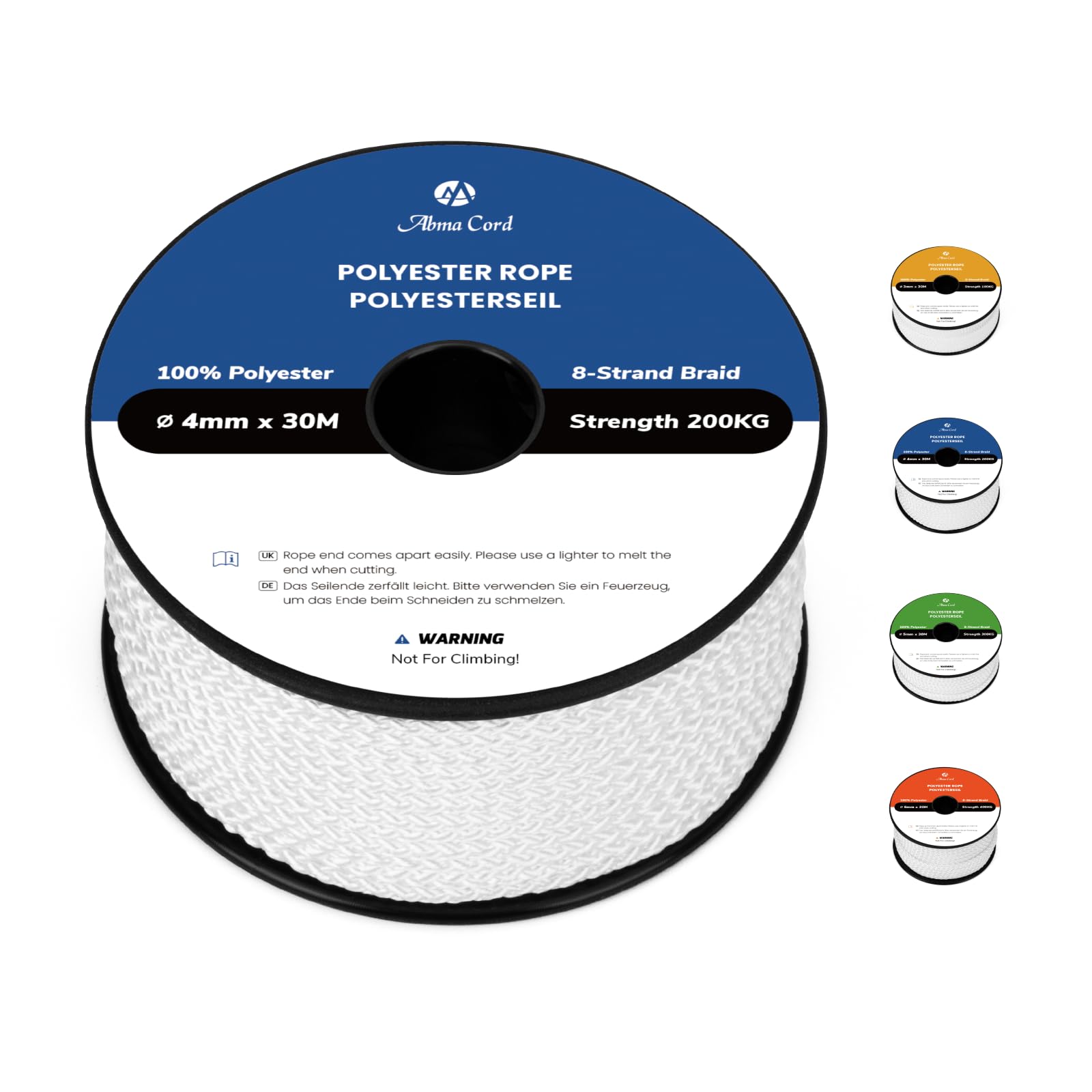 Abma Cord Polyester Rope 4mm x 30m Diamond Braided Cord on Spool - White