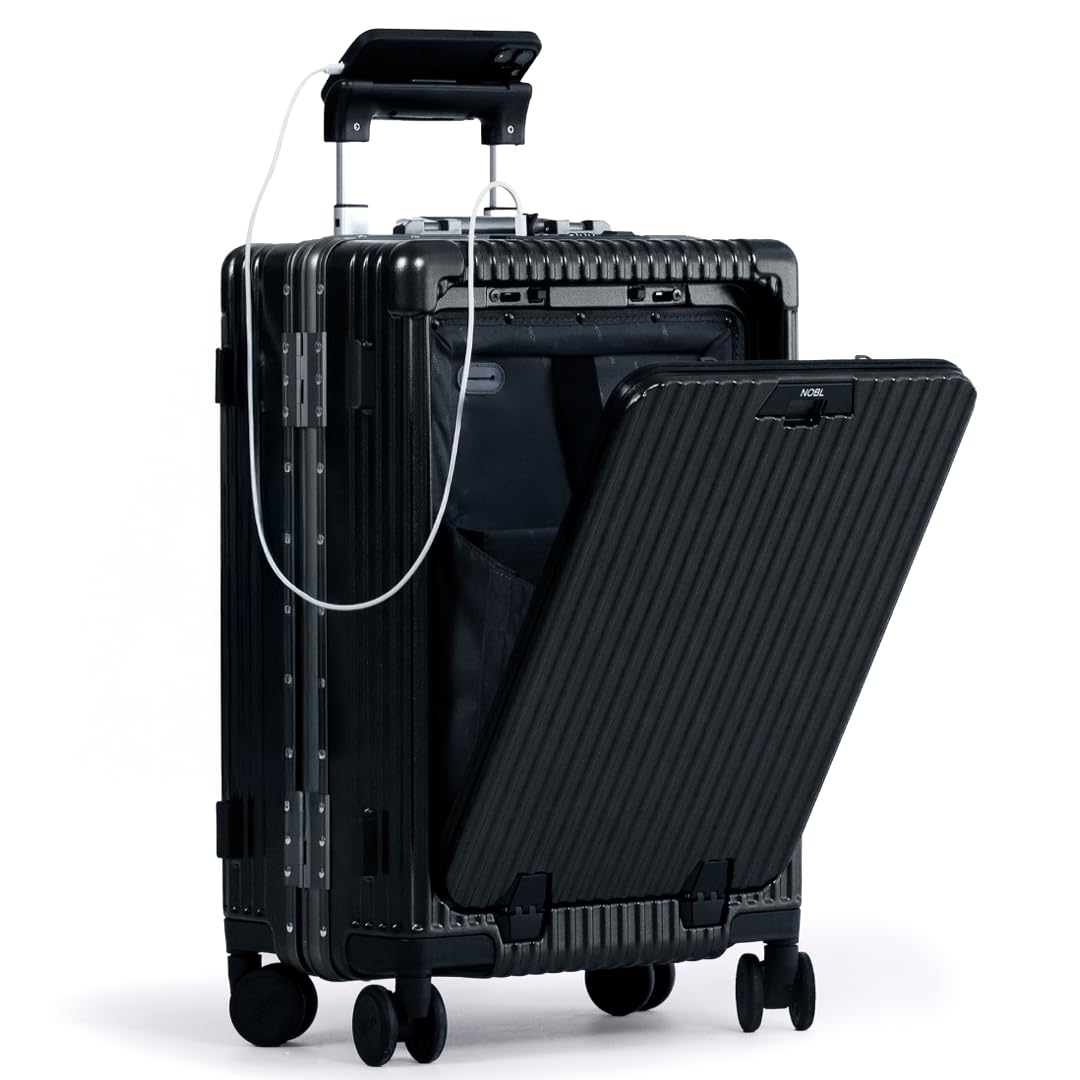 Photo 1 of Nobl Travel Carry On Luggage, Noble Zipperless Aluminum Frame, 22.5x15x9.5, 360 Degree Spinner Wheels, TSA Locks, USB Charging Port, Cup & Phone Holder - Jet Black