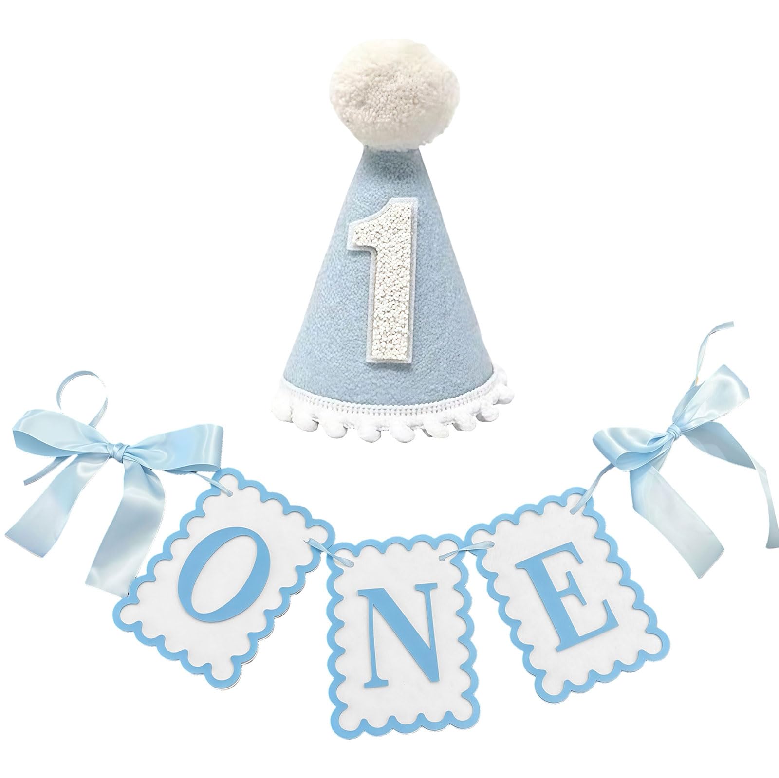 CHarmeFleur Baby Boy 1st Birthday Blue Decorations - Scalloped One Banner & Felt Pom Pom Hat Set, Dusty Blue First Year Party Supplies, Highchair Garland for Cake Smash P