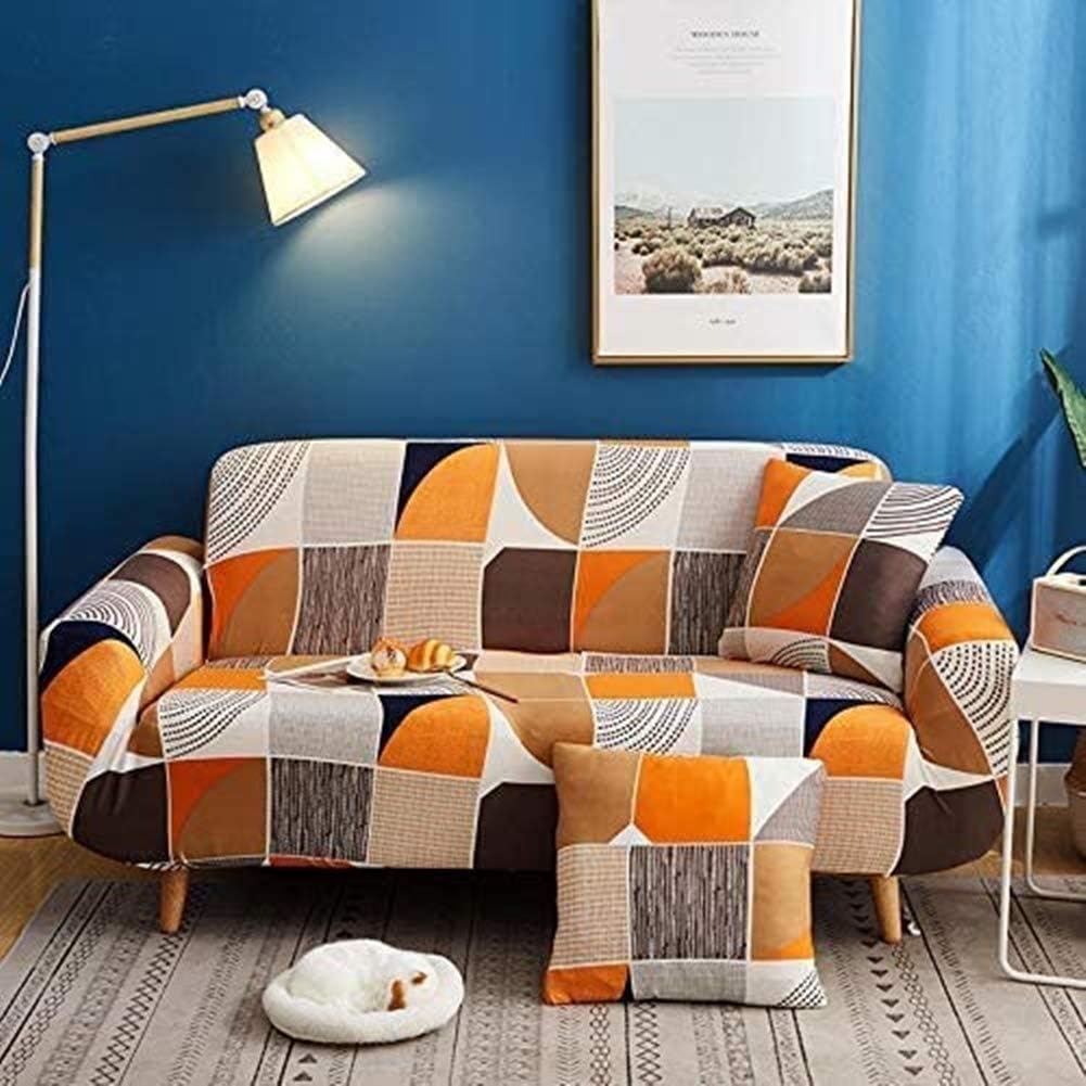 nordmiex Stretch Sofa Slipcovers Fitted Furniture Protector Printed Sofa Cover Stylish Fabric Couch Cover with 2 Pillowcases for 4 Cushion Couch(Sofa-4 Seater,Orange Geometric): Home & Kitchen