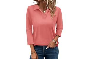 PGANDS Women's 3/4 Sleeve T Shirts Summer V Neck Button Down Polo Shirts Collared Casual Loose Fit Tops
