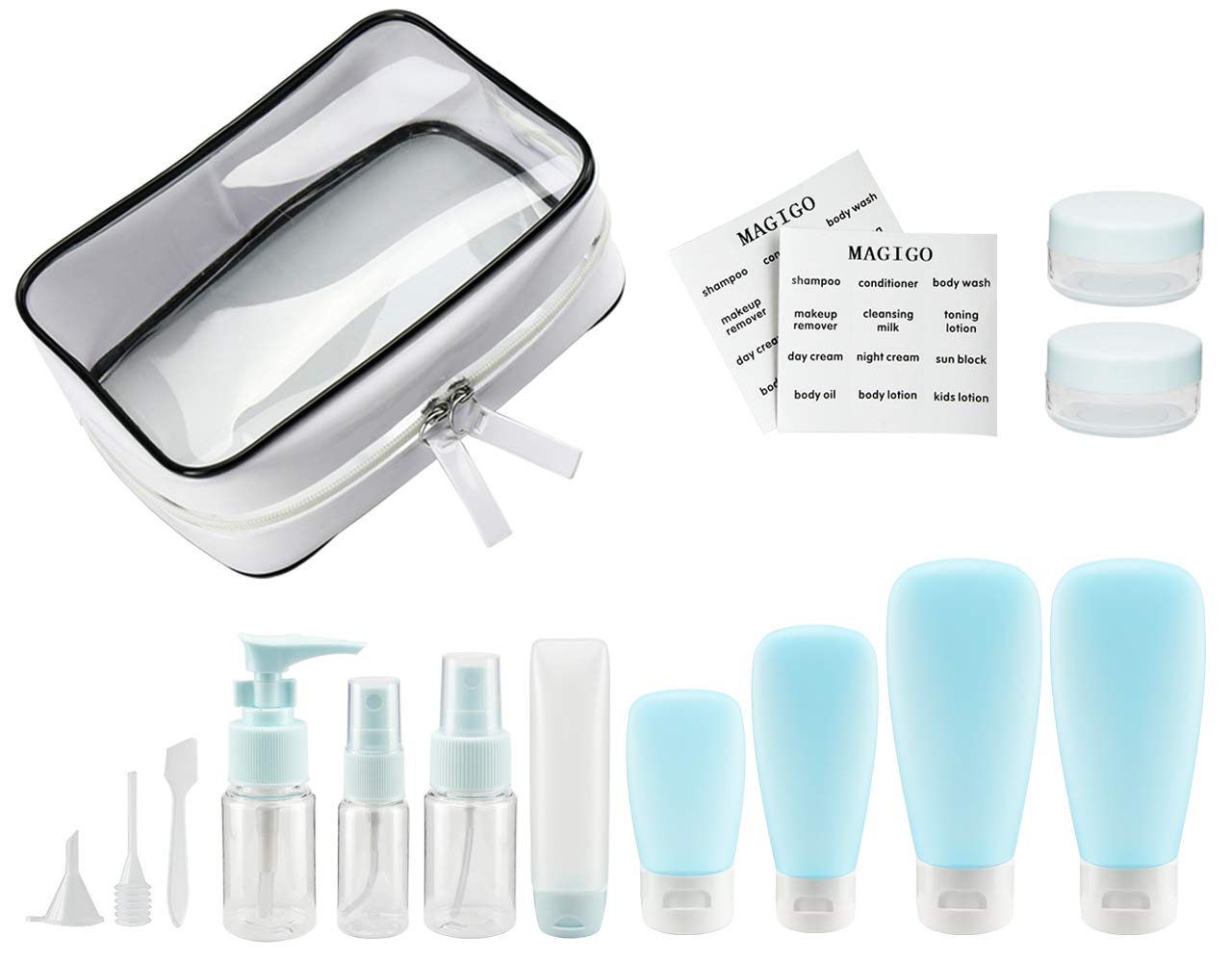 MAGIGO Blue Toiletries Leak Proof Travel Bottle Set (16 Pack), TSA Approved Airline Carry-On with Clear Bags for Women