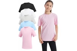 Celfaeree 5 Packs Girls Athletic Shirts Short Sleeve Active T-Shirts Dry Fit, Sports Workout Shirts for Kids Teens