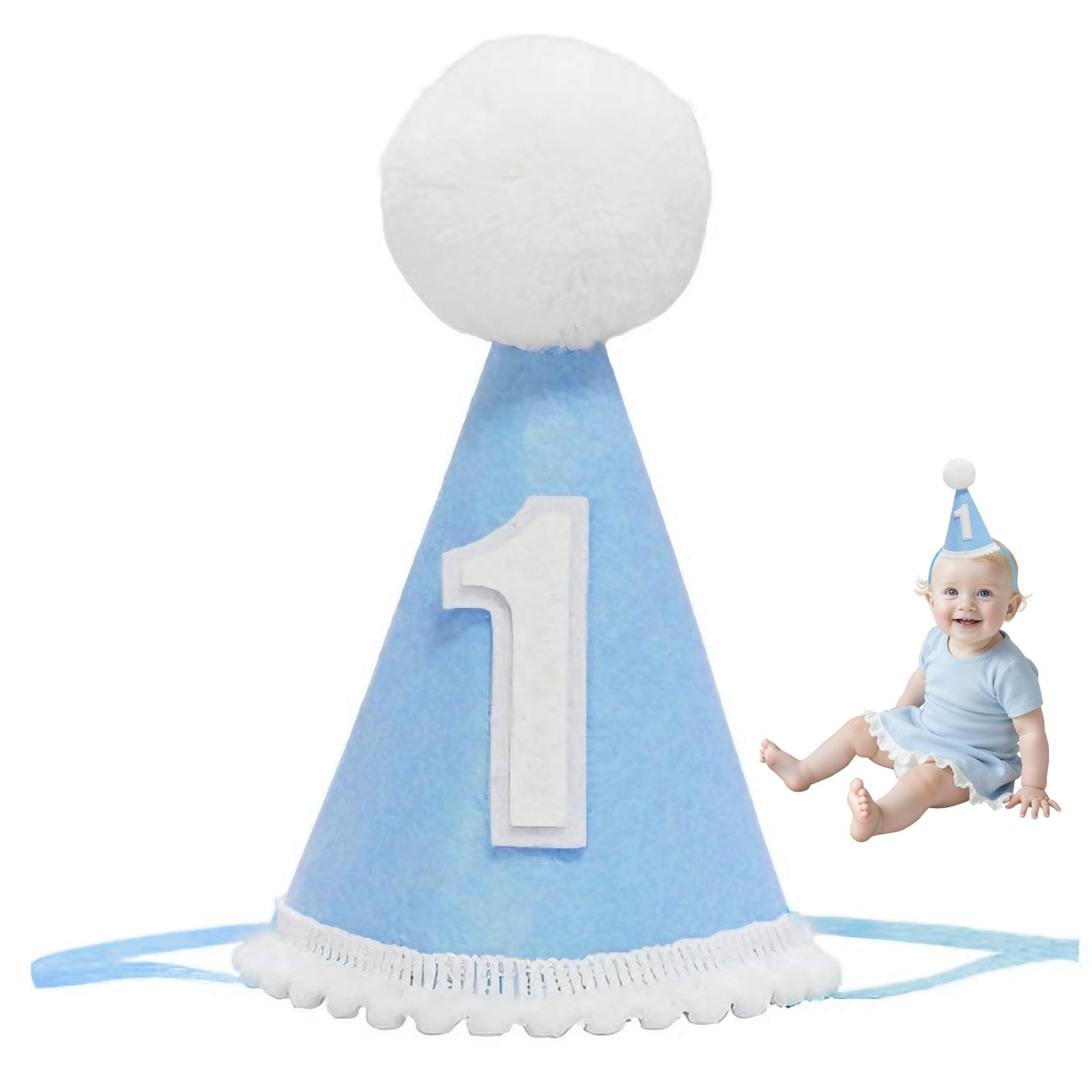 Vyqrx 1st Birthday Hat for Boys & Girls, Baby Boy First Birthday Decorations with Pom-Pom, Soft Felt Cone Party Crown for 12 Month Old, Adjustable Strap Cake Smash Photo Prop (Blue1)