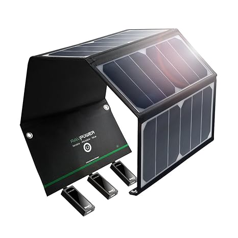 RAVPower 24W Solarladegerät mit 3 USB iSmart-Port, 21,5-23,5% Umwandlungseffizienz, leicht, faltbar, wasserdicht für Camping 