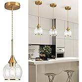 1-Piece Island Light for Kitchen, 1-Light Gold Kitchen Island Hanging Pendant Light with Clear Round Glass Shades, Brushed Go