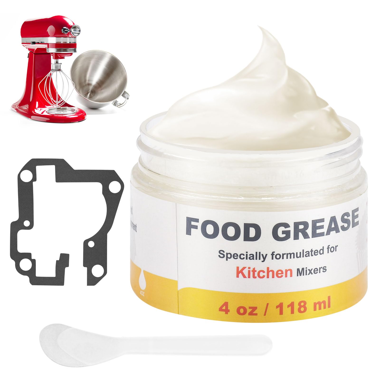 4 Oz Food Grade Grease for Kitchen Aid Stand Mixer, Widely Used in Most Kitchen Mixers, Food Safe Lubricant, Reduce The Wear of Mixer Gear Parts, Contain 9709511 4162324 Gasket and Spatula