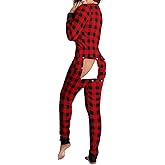 RUEWEY Women Butt Flap Pajamas Jumpsuit Sexy Deep V Neck Long Sleeve Bodycon Romper Overall Sleepwear