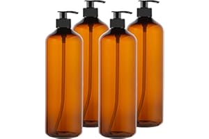 zmybcpack 4 Pack 32 OZ Empty Plastic Pump Bottles With 1 Pen, Labels & Silicone Funnel, Amber Empty Shampoo Bottles with Pumps For Body Wash, Shampoo, Massage Lotion, Gel