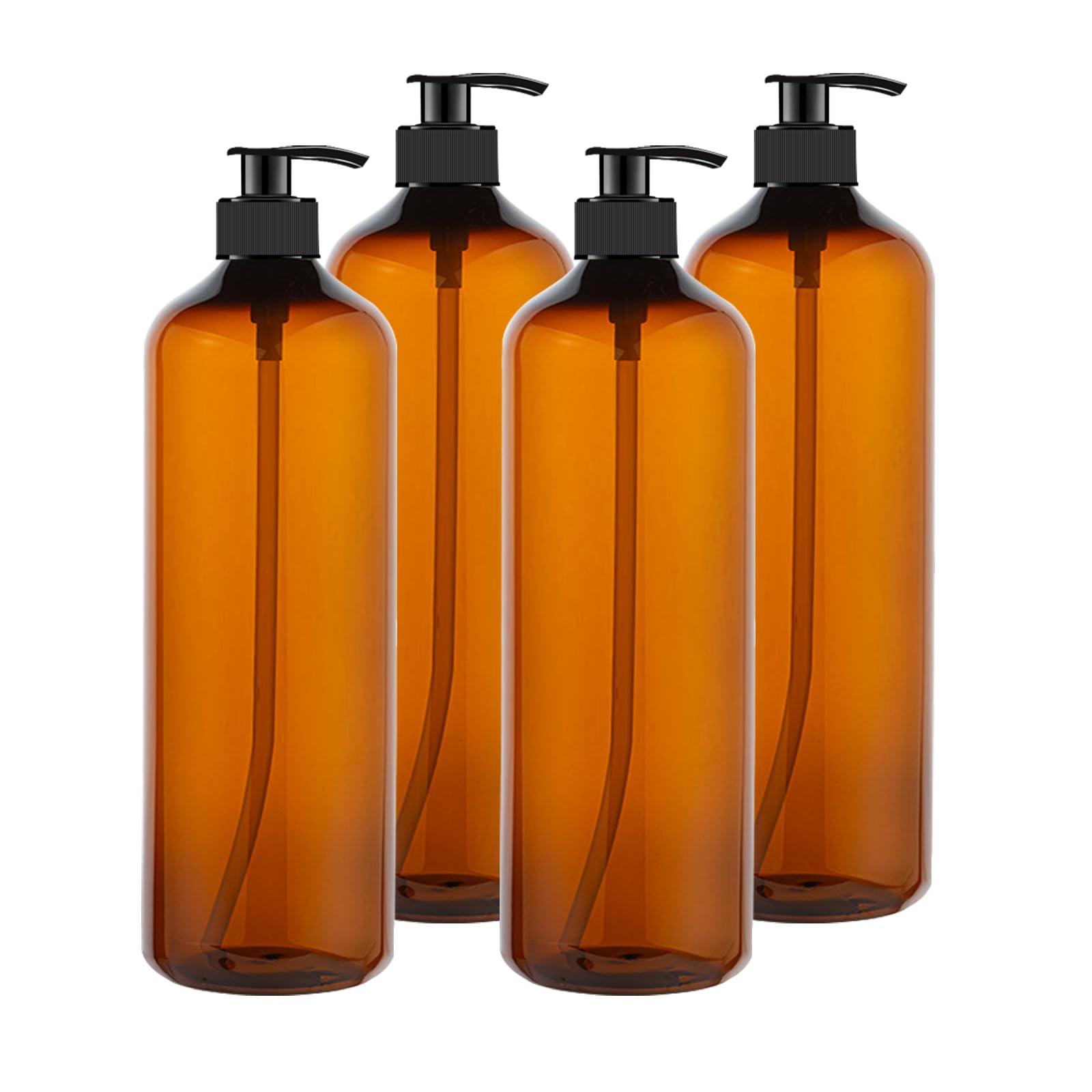 Photo 1 of **1 BOTTLE HAS A DAAMGED PUMP TOP*** zmybcpack 4 Pack 32 OZ Empty Plastic Pump Bottles With 1 Pen, Labels & Silicone Funnel, Amber Empty Shampoo Bottles with Pumps For Body Wash, Shampoo, Massage Lotion, Gel