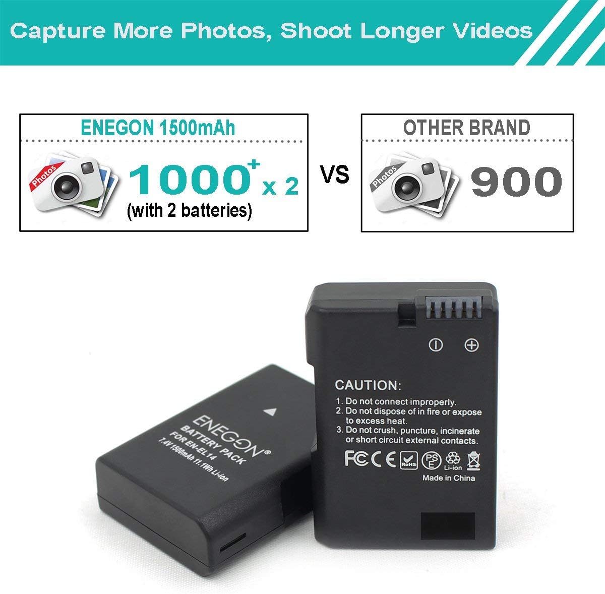 ENEGON EN-EL14/EL14a Replacement Battery 2-Pack and Rapid Dual Charger Kit Compatible with Nikon D5600 D5100 D5200 D5300 D5500 D3100 D3200 D3300 D3400 D3500 Df, Coolpix P7000 P7100 P7200 P7700, P7800 - Image 3
