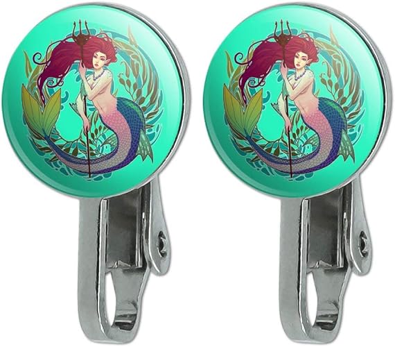 Amazon Com Graphics More Mermaid Holding Trident Circle Art Nouveau Kelp Novelty Clip On Stud Earrings Jewelry