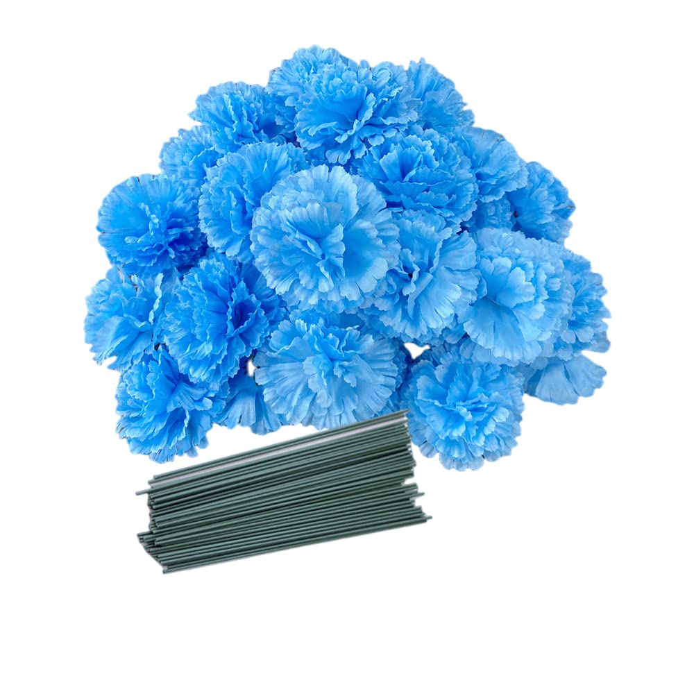 Photo 1 of 50 Artificial Silk Carnation Flower Head with Stems Set,Vase Fillers for Bridal Wedding Party Birthday Cake Ornaments,DIY Wrist Corsage, 3" Multiple Petals Heads & 8" Stems (Light Blue)