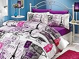 TAC 100% Turkish Cotton 4 Pcs!! Paris Eiffel Tower Vintage Purple Theme Themed Full Double Queen Size Quilt Duvet Cover Set Bedding Made in Turkey