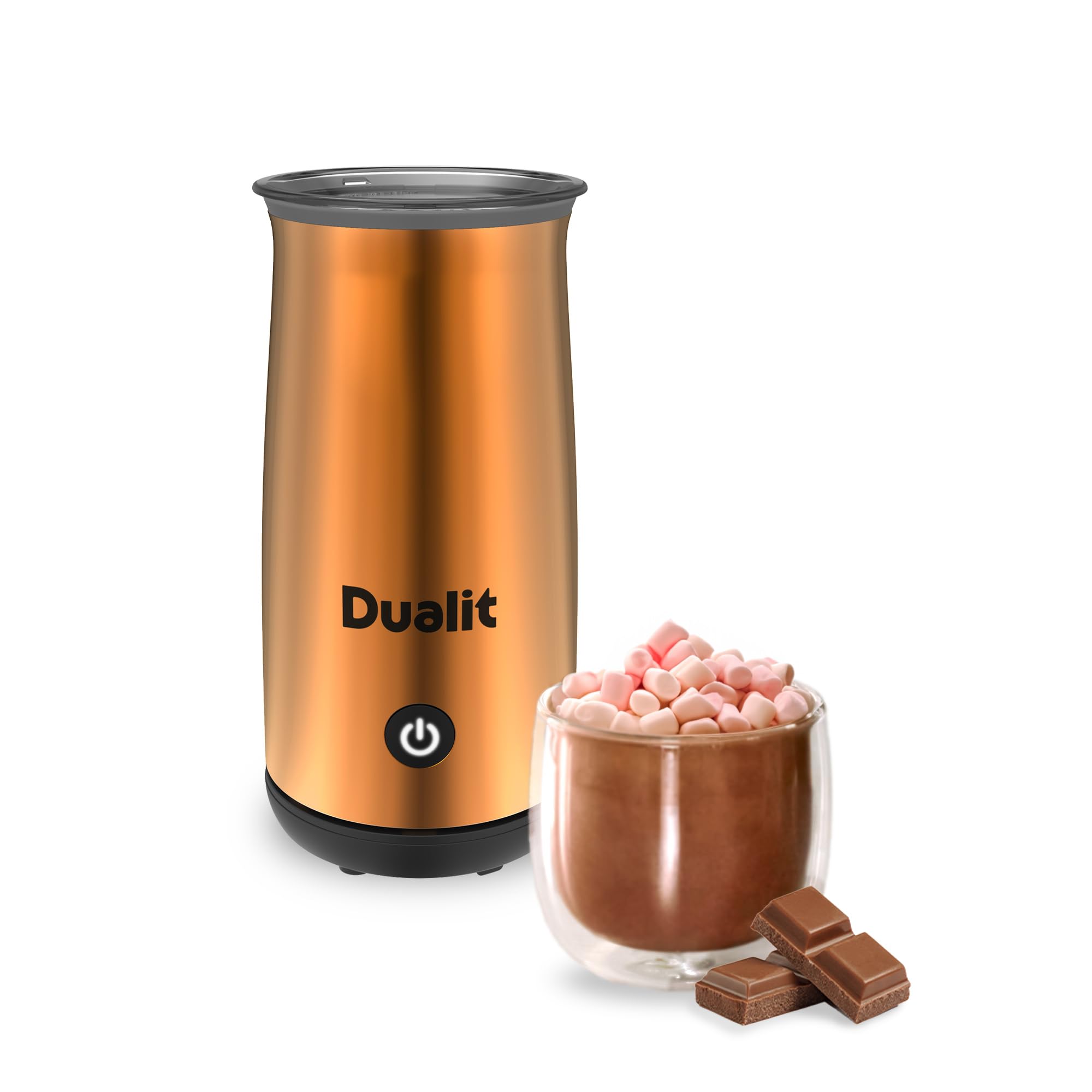 Dualit Hot Chocolate Maker & Milk Frother - 250ml Capacity - Powder, Buttons & Grated Chocolate - Velvety Hot Chocolate in 3 Mins - Cordless Jug - Copper
