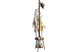 FILWH Freestanding Coat Rack with Umbrella Organizer Tray Bamboo Coat Tree Rack with 8 Hook Stand for Clothes Bag Hats Entryway Hanger Stand(Brown)
