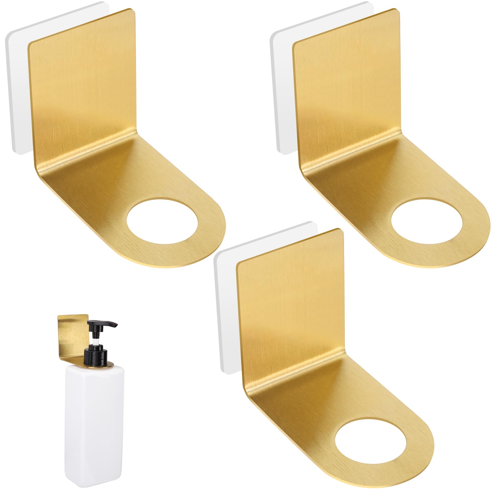 Photo 1 of Segbeauty Non-Drilling Adhesive Bottle Holder, 3pcs Bathroom Bottle Dispenser Holder, Dia 1.1" 2.8cm Lotion bottle Wall Mount, Rustproof Shampoo Bottle Holder Wall Hanging Rack for Kitchen Toilet Gold