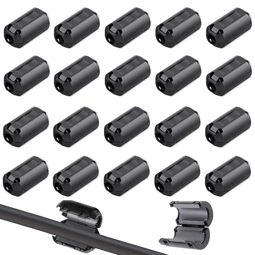 QitinDasen 20Pcs Black Clip-on Ferrite Ring Core, RFI EMI Noise Suppressor Cable Clip, Anti-Interference High-Frequency Filter, for USB Data Speaker Cable (5mm Inner Diameter)