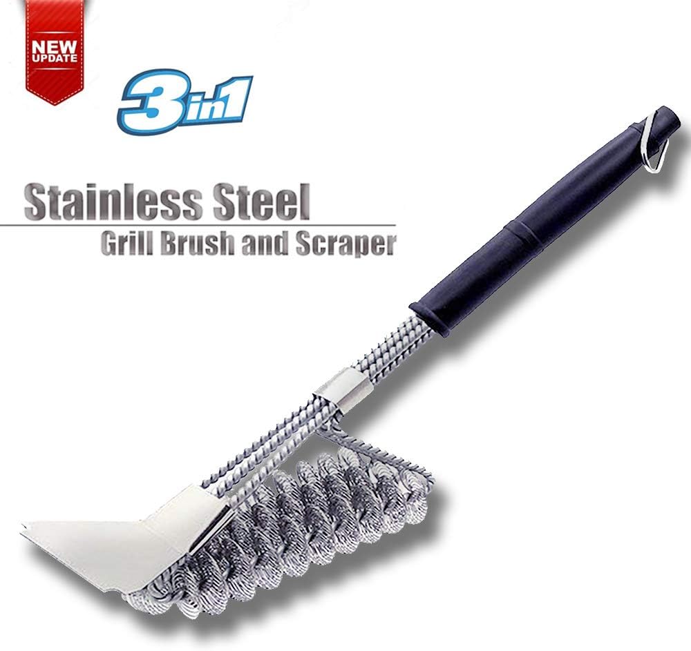 EOYIZW Grill Brush, Scraper & Best BBQ Brush - Safe 100% Rust Resistant 18" Stainless Steel 3 in 1 Bristles Grill Cleaning Brush for Durable Long Handle, Great Grill Accessories Gift for Grillin